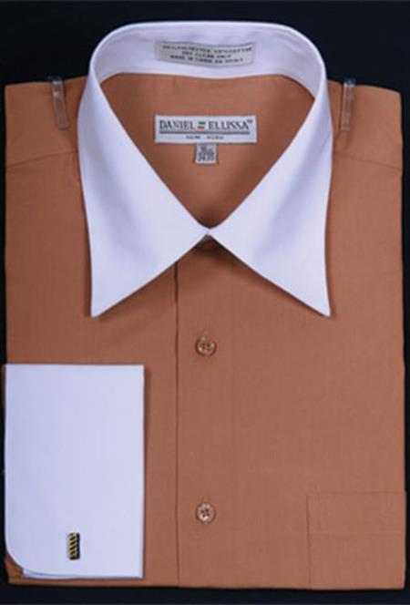 Affordable Clearance Cheap Mens Dress Shirt Sale Online Trendy - Daniel Ellissa Bright Two Tone Solid French Cuff Tan khaki Color Dress Shirt Big and Tall Sizes 
