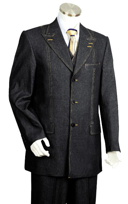 3 Piece Vested Liquid Jet Black Long length Zoot Denim Fabric Suit For sale ~ Pachuco men's Suit Perfect for Wedding