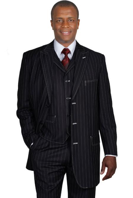 Liquid Jet Black Gangster Stripe ~ Pinstripe Vested Urban attire 1940s men's Suits Style for Online 