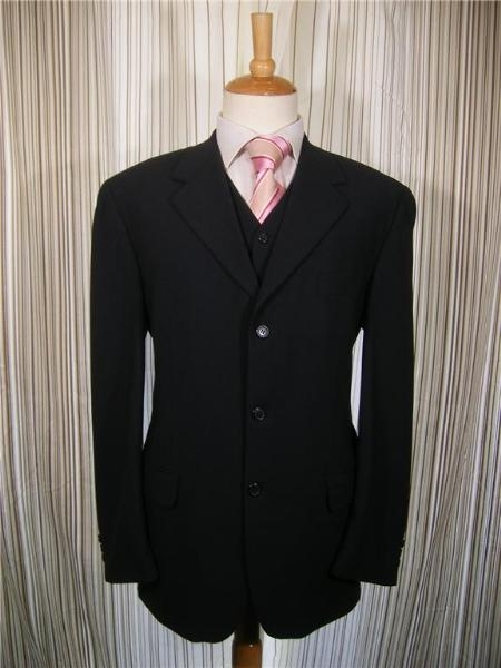 Liquid Jet Black 3 Button Style Vested 3 Piece three piece suit - Jacket + Pants + Vest 