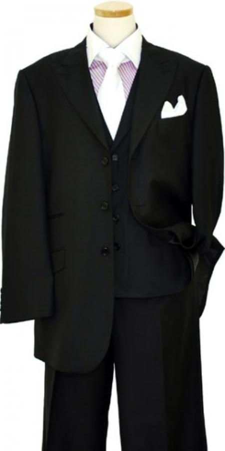 Solid Liquid Jet Black Fabric & Silk Vested Suit 