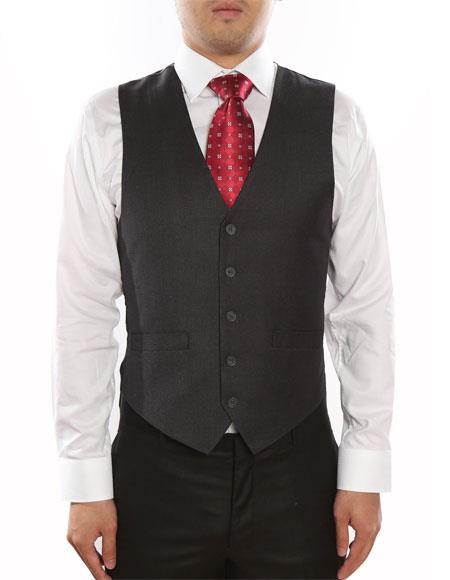  Men's Dark Grey 5 Button Single Breasted Shark-skin Classic Fit Vest 
