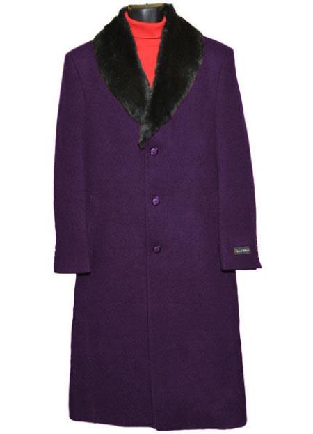 Men's (Removable) Fur Collar Dark Purple Single Breasted 3 Button Overcoat ~ Topcoat 95% Wool Fabric - Three Quarter 34 inch length