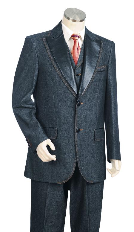 3 Piece Vested Blue Fashion Long length Zoot Denim Fabric 1940s men's Suits Style For sale ~ Pachuco men's Suit Perfect for Wedding