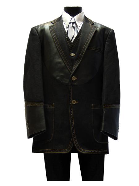 New 3PC 2 Button Style Denim three piece 1940s men's Suits Style For sale ~ Pachuco men's Suit Perfect for Wedding Liquid Jet Black 