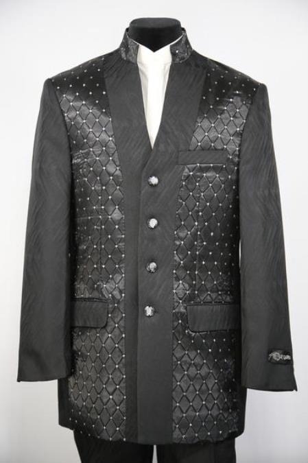  men's Mandarin Collar Diamond Pattern Black Zoot Suit