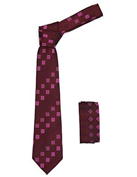  Men's Berry Red Geometric Necktie with Stylish Dotted Squares Includes Hanky Set