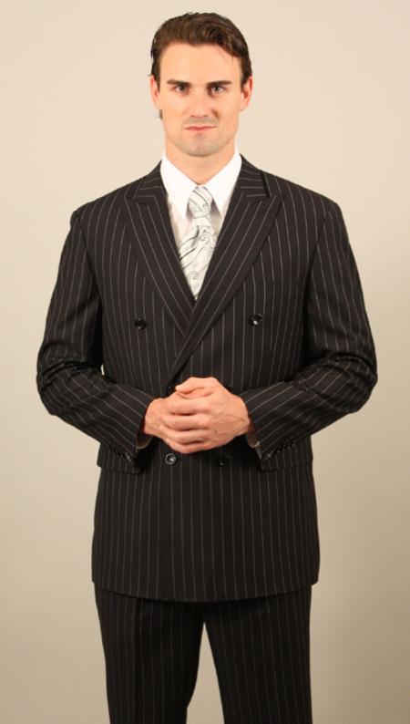 Double Breasted Liquid Jet Black with Pinstripe Suit With Side Vent Jacket Pleated Slacks Pants 