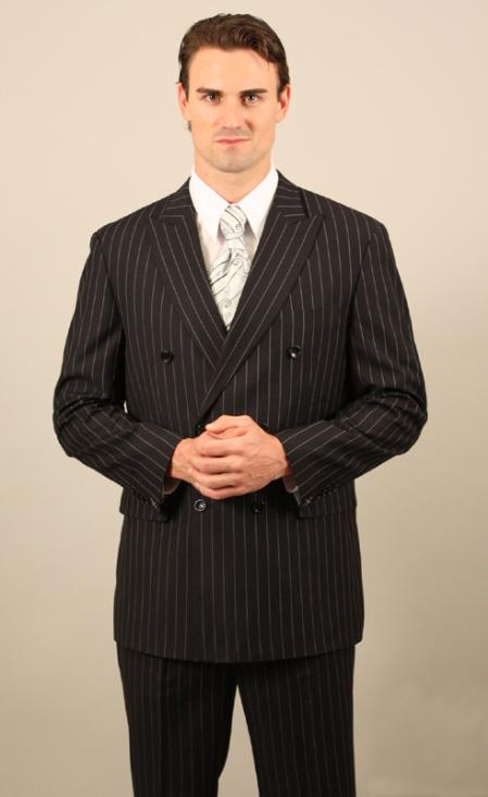 Double Breasted Liquid Jet Black with White Stripe ~ Pinstripe Suit With Side Vent Jacket Pleated Slacks Pants 