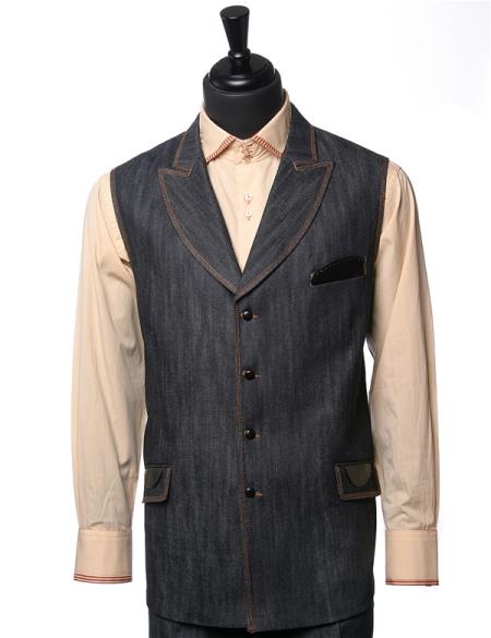  Men's Double Breasted Black Denim Vegan Leather Detail 2Pc Vest Walking Suit
