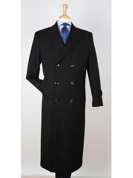  Men's 100% Wool Gabardine Double Breasted Black Top Overcoat