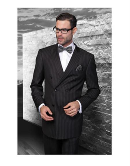 Men's Statement Double Breasted Pinstripe Wool Italian Design Black Suit