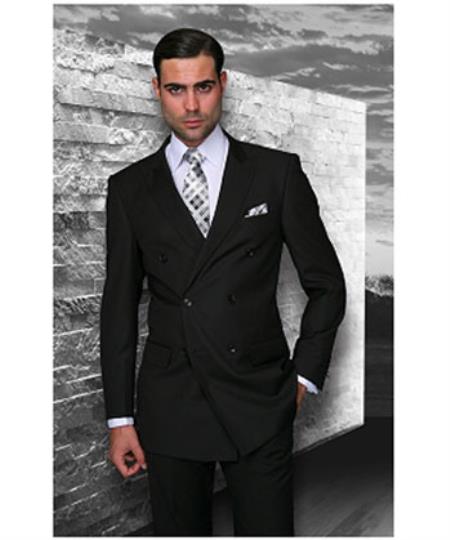  Men's Statement Double Breasted Wool Italian Design Black Suit