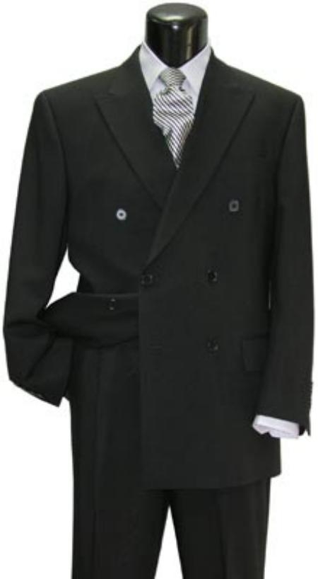 Brand New Solid Liquid Jet Black Double Breasted Wide Peak Lapel Suit Side Vent