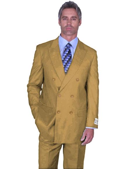  men's Double Breasted Peak Lapel Camel ~ Khaki ~ Bronze Suit Side Vented Pleated Pants Wool Fabric