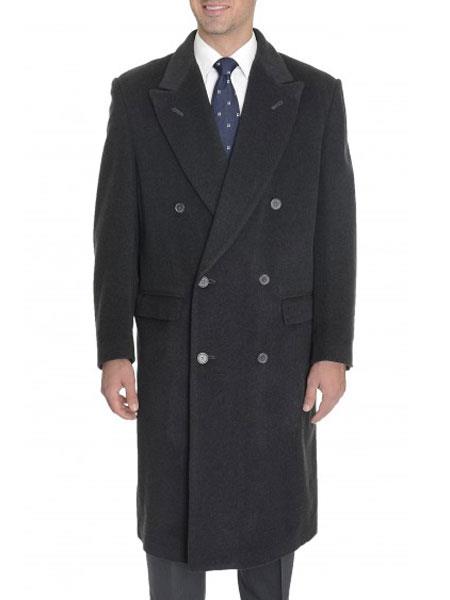  Men's Charcoal Grey Peak Lapel Wool Blend Double Breasted Full Length Top Coat