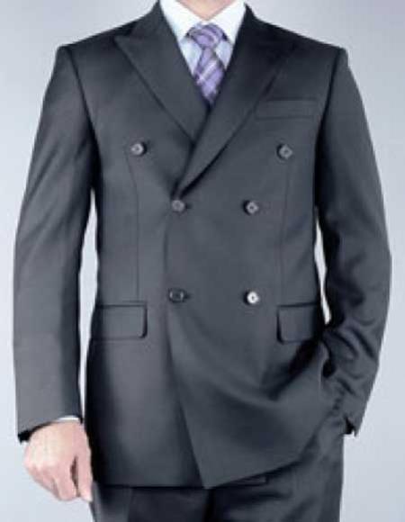 Men's Peak Lapel Double Breasted 100% Wool Double Vent Charcoal Suit