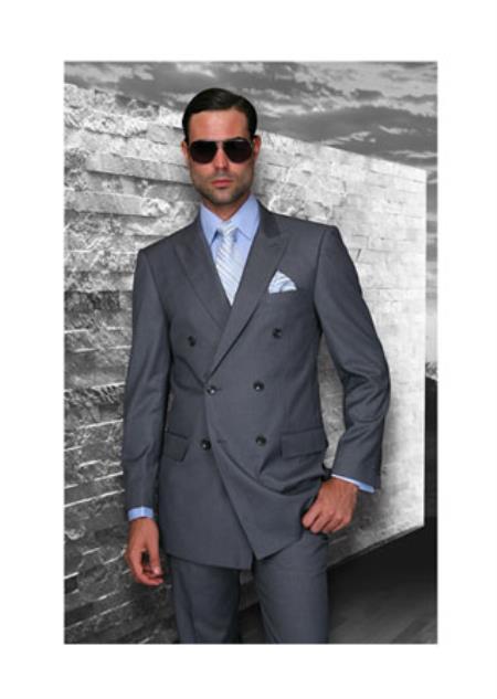  Men's Statement Double Breasted Wool Italian Design Charcoal Grey Suit  