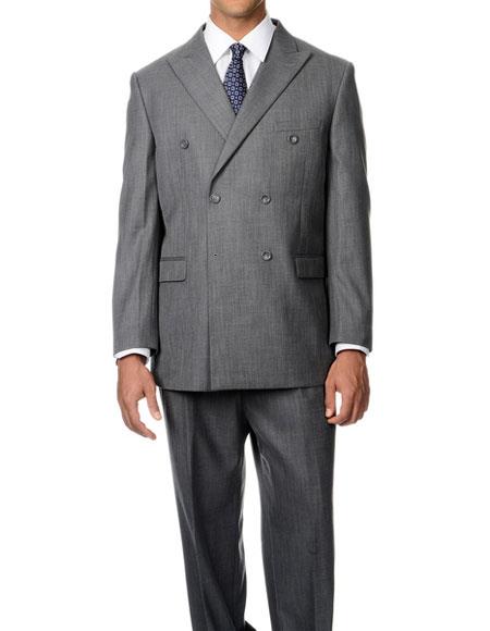  Caravelli Men's Double Breasted Grey Button Closure Peak Lapel Double Vent Suit