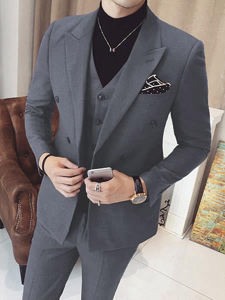 Men's Vested Double Breasted 3 Piece Grey Suits 