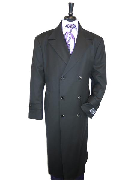  Mens Topcoat Mens Double Breasted 100% Wool  Jet Black Overcoat