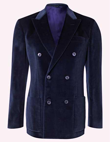 Mens Double Breasted Suits 6 Buttons Velour Jacket - Navy Blue Velvet Blazer