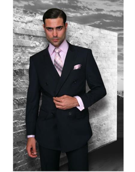  Men's Statement Double Breasted Wool Italian Design Navy Blue Suit