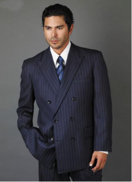 Double Breasted Navy Blue Shade with Smooth Stripe ~ Pinstripe Suit With Side Vent Jacket Pleated Slacks Pants Wool