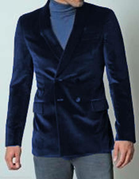 Men's Double Breasted Dark Navy Blue Dinner Jacket Casual Velvet Fabric Sport Coat Jacket Blazer Tuxedo - Slim Fitted