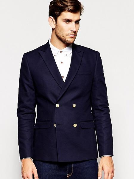 Black or Navy Blue Men's Double Breasted Suits Jacket Slim Fit 4 buttons Style Wool Fabric Blazer Sport Coat 