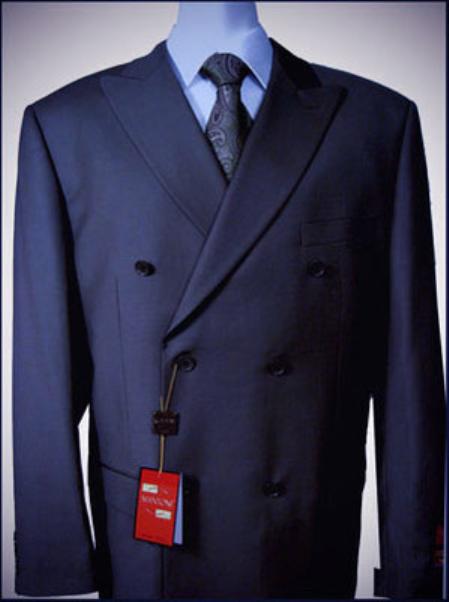 Navy Double breasted peak lapel Wool Fabric front With Side Vent Jacket Pleated Slacks Pants suit 
