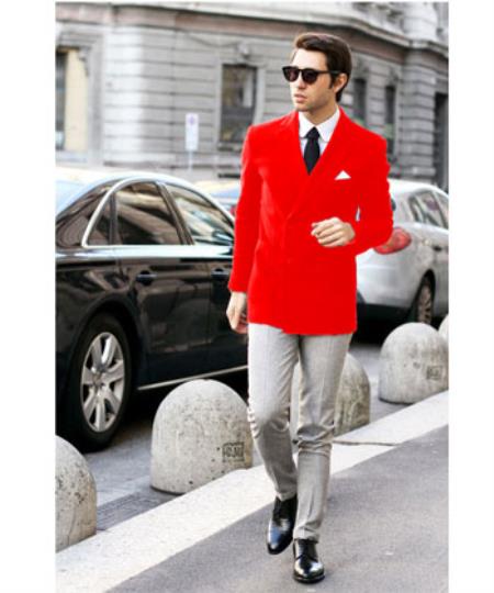 Men's Red Double Breast Stylish Casual Tailored Velvet Blazer Jacket - Slim Fitted