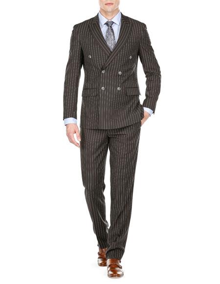  Men's Double Breasted Slim Fit Bold Stripe Black Peak Lapel Suits 