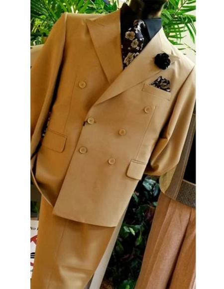  men's Classic Double Breasted Peak Lapel tan suit