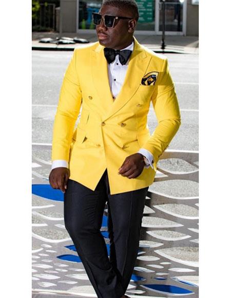 Men's Yellow Double Breasted Peak Lapel Besom Chest Pocket Jacket