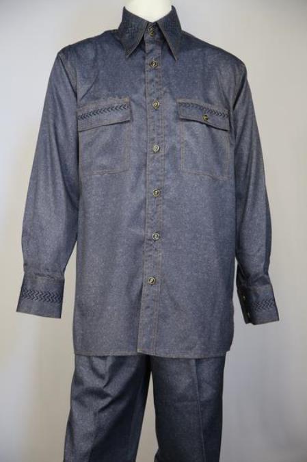  men's Sharkskin Embroidered Accent Dual Pockets Walking Suit Set Navy Blue
