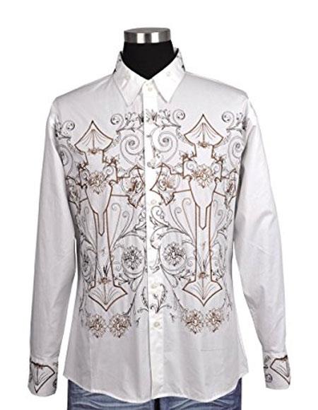  men's White 100% Cotton Button Closure Embroidered Design Shirt