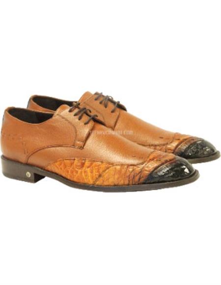  Men's Vestigium Genuine Caiman Belly Derby Faded Cognac Full Leather Shoes