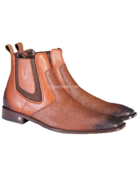 Men's Handmade Vestigium Genuine Catshark Chelsea Faded Cognac Boots