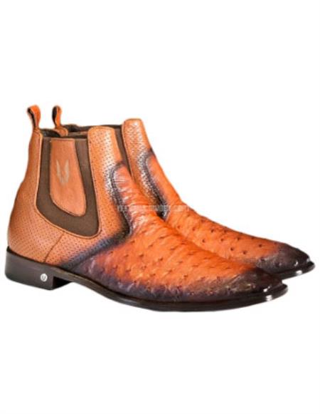  Men's Handmade Vestigium Boots Genuine Ostrich Chelsea Faded Cognac Boots