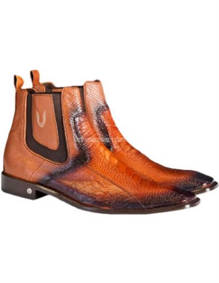  Men's Handcrafted Vestigium Genuine Ostrich Leg Chelsea Faded Cognac Boots