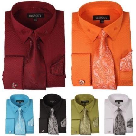 Fashion Dress Shirt With Tie&Hanky French Cuff Links Style Multi-Color 