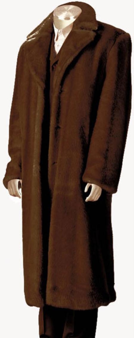 Mens Overcoat Faux Fur Full Length Coat brown color shade 