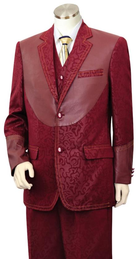  men's Faux Leather Centerpiece Red Notch Lapel Zoot Suit