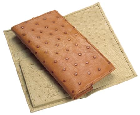 Ferrini Genuine Full Quill Ostrich Checkbook Wallet in Bone & Cognac 