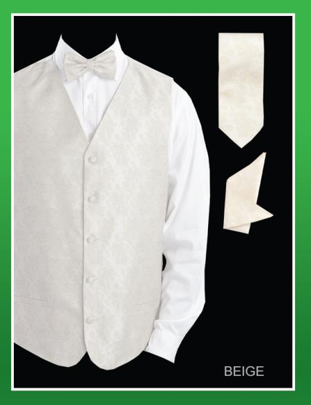 4 Piece Vest Set (Bow Tie, Neck Tie, Hanky) - Paisley Jacquard Beige 