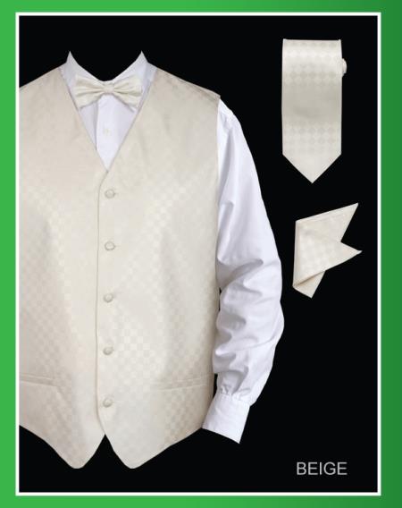 4 Piece Vest Set (Bow Tie, Neck Tie, Hanky) - Chessboard Checkered Beige 