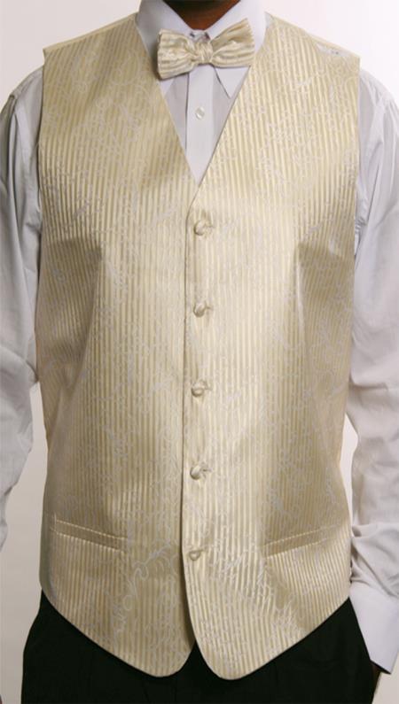 4 Piece JQD Vest Set (Bow Tie, Neck Tie, Hanky) Beige 