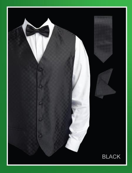4 Piece Vest Set (Bow Tie, Neck Tie, Hanky) - Chessboard Checkered Liquid Jet Black 