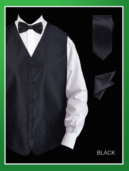 4 Piece Vest Set (Bow Tie, Neck Tie, Hanky) - Twill patterned Liquid Jet Black 